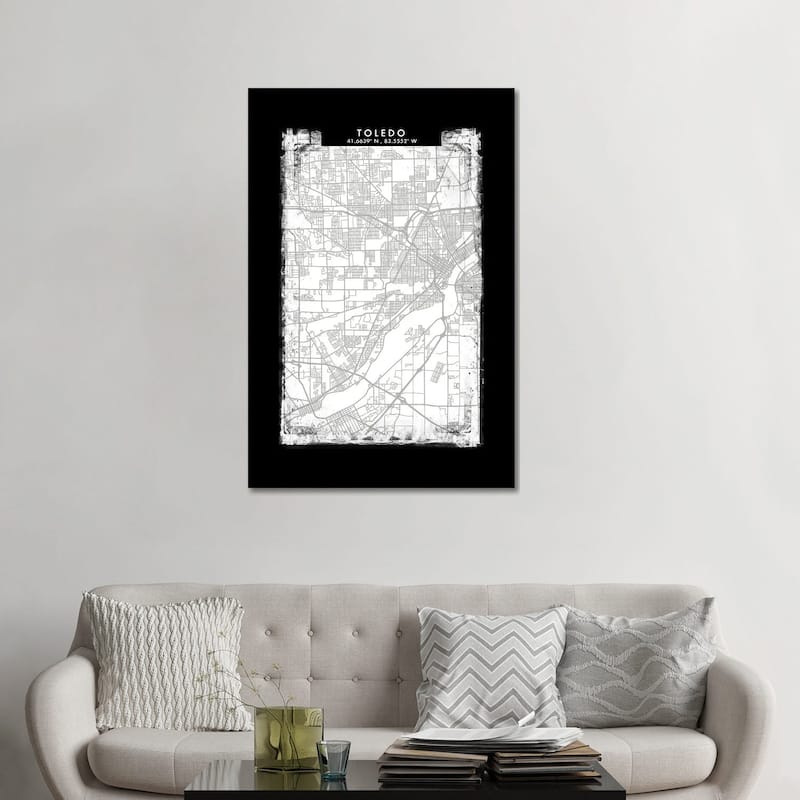 iCanvas "Toledo City Map Black White Grey Style" by WallDecorAddict Canvas Print - 48x32x1.5