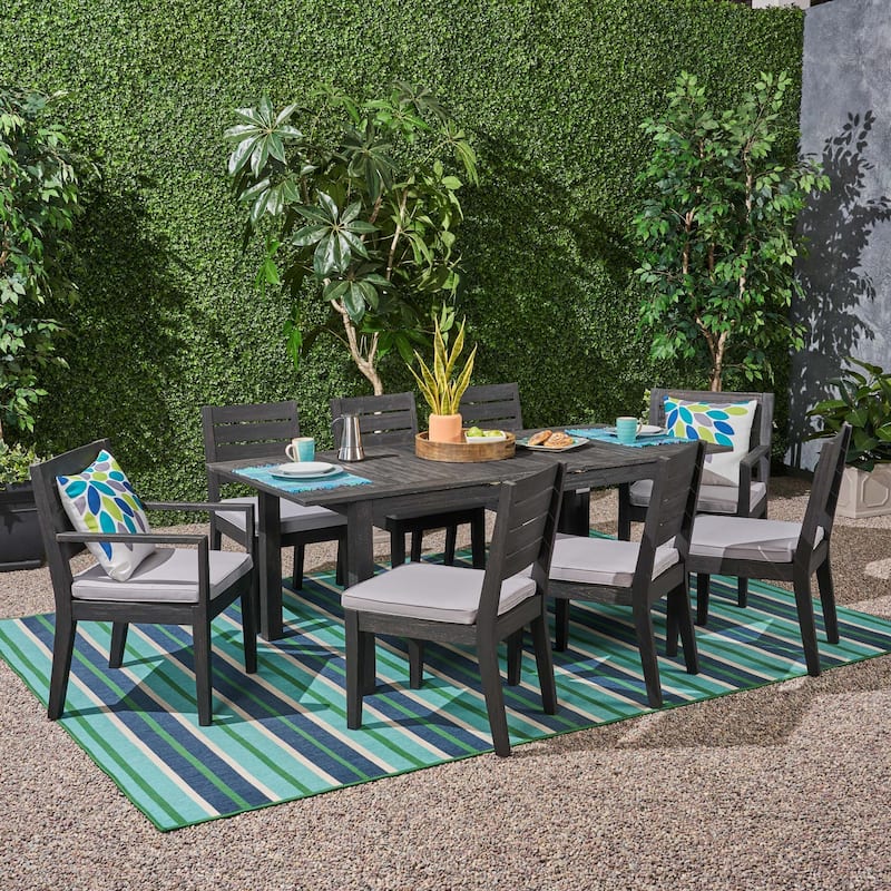Nestor Outdoor 8-Seater Acacia Wood Expandable Dining Set by Christopher Knight Home - sandblast dark gray + dark gray cushion