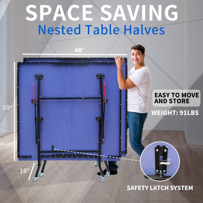 8ft Mid-Size Table Tennis Table Foldable & Portable Ping Pong Table Set with Net, 2 Table Tennis Paddles and 3 Balls