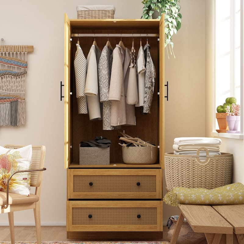 70.9"Wardrobe Closet with Drawers and Hanging Rod Armoires Wood Finish