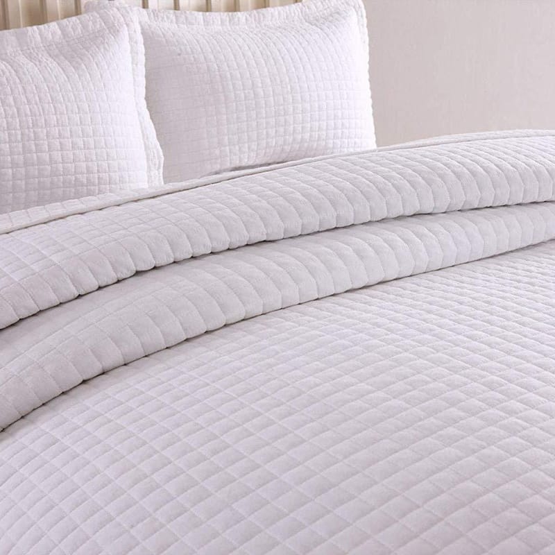 3 Pcs White Cotton Quilt Set Lightweight Bedspread Set Check