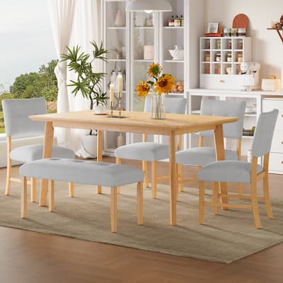 6 Piece Dining Room Table Set, with 4 Upholstered Chairs and Bench, Solid Wood Kitchen Dining Table Set for 6 Persons