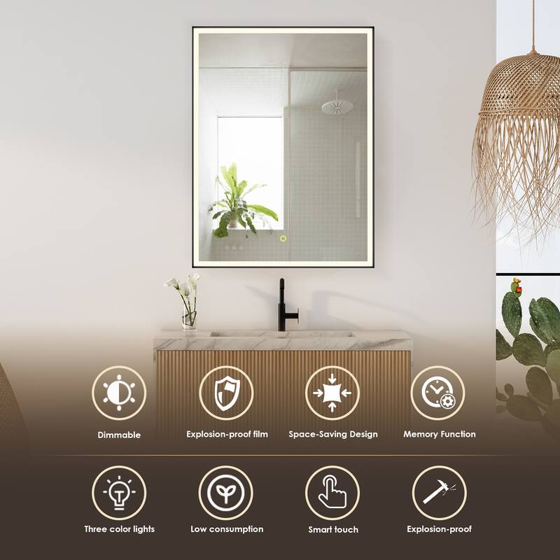 Fenice Rectangular Surface-Mount/Reccessed LED Lighted Bathroom Black Aluminum Mirror Medicine Cabinet