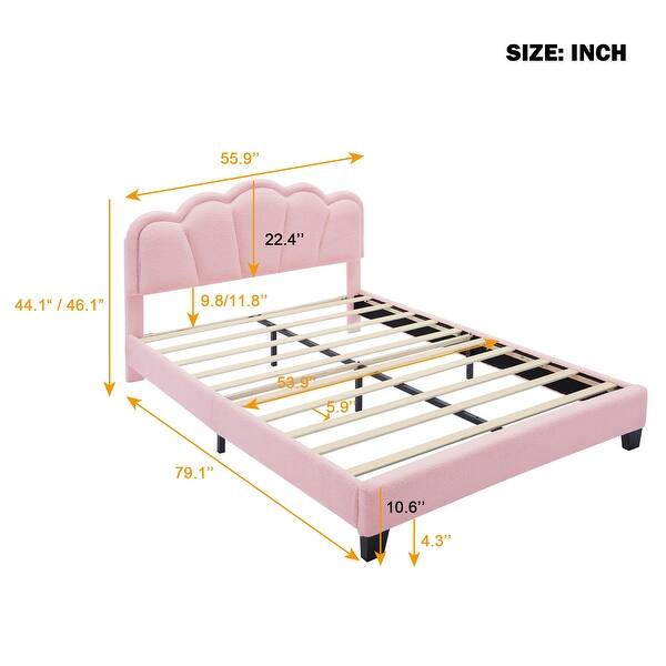 dimension image slide 0 of 2, Full Size Upholstered Flower-Shape Bed with LED Light Strip, Sherpa Fabric Platform Bed with Wooden Slats Support, White