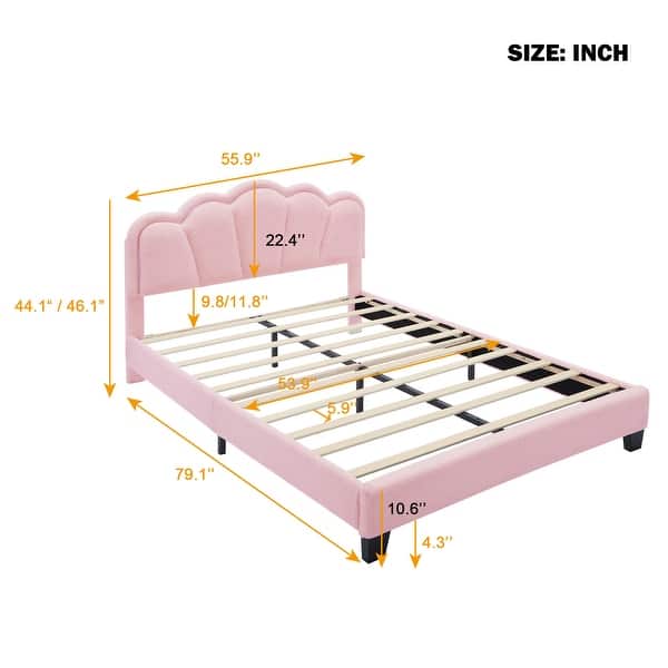 dimension image slide 0 of 4, Upholstered Paltform Bed with Flower Shaped Headboard and LED Light
