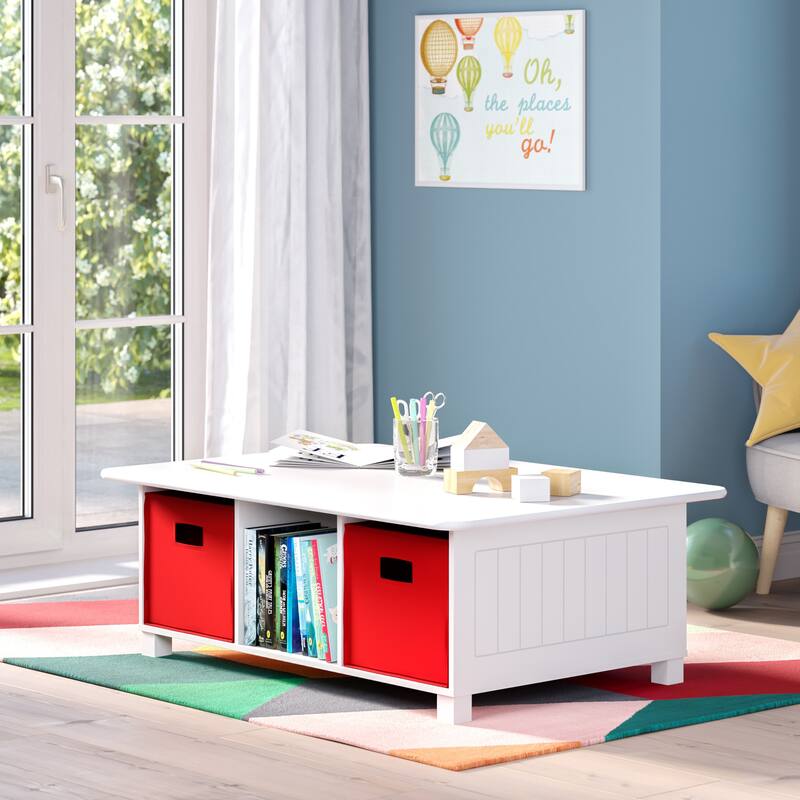 RiverRidge Kids Desk, Activity and Play Table with 6 Storage Cubbies - White with Red Bins