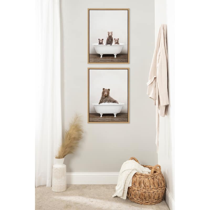 Kate and Laurel Bear Rustic Bubble Bath Framed Canvas by Amy Peterson