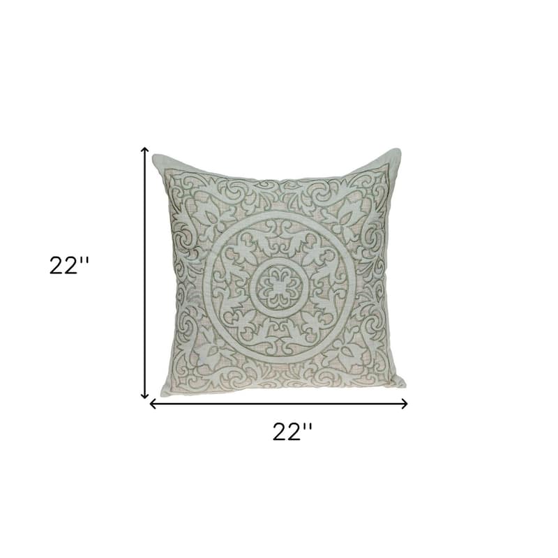22" Beige and Green Damask Linen Blend Throw Pillow with Embroidery and Applique