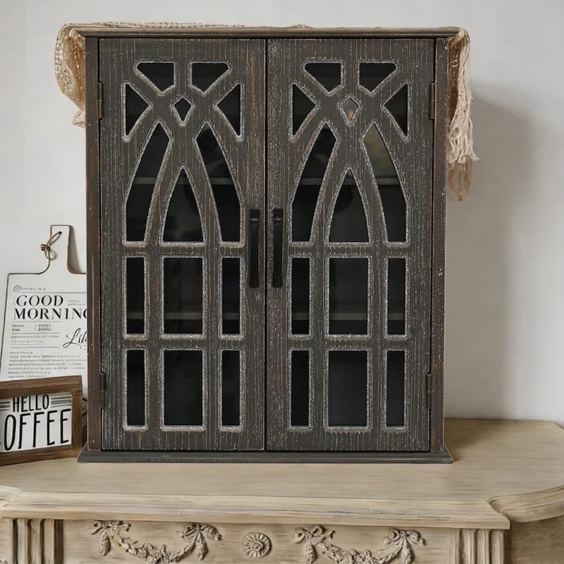 Vintage Wall-Mounted Cabinet with Decorative Cutout Doors, Rustic Wooden Hanging Storage Cabinet for Bathroom, Living Room