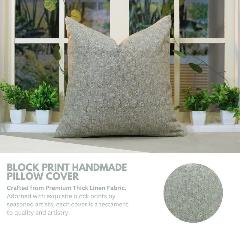 Fabdivine Handblock Print Decorative Farmhouse Floral Thick Linen Cushion for Sofa Bed and Lounge Light Blue, Tulsi Buti