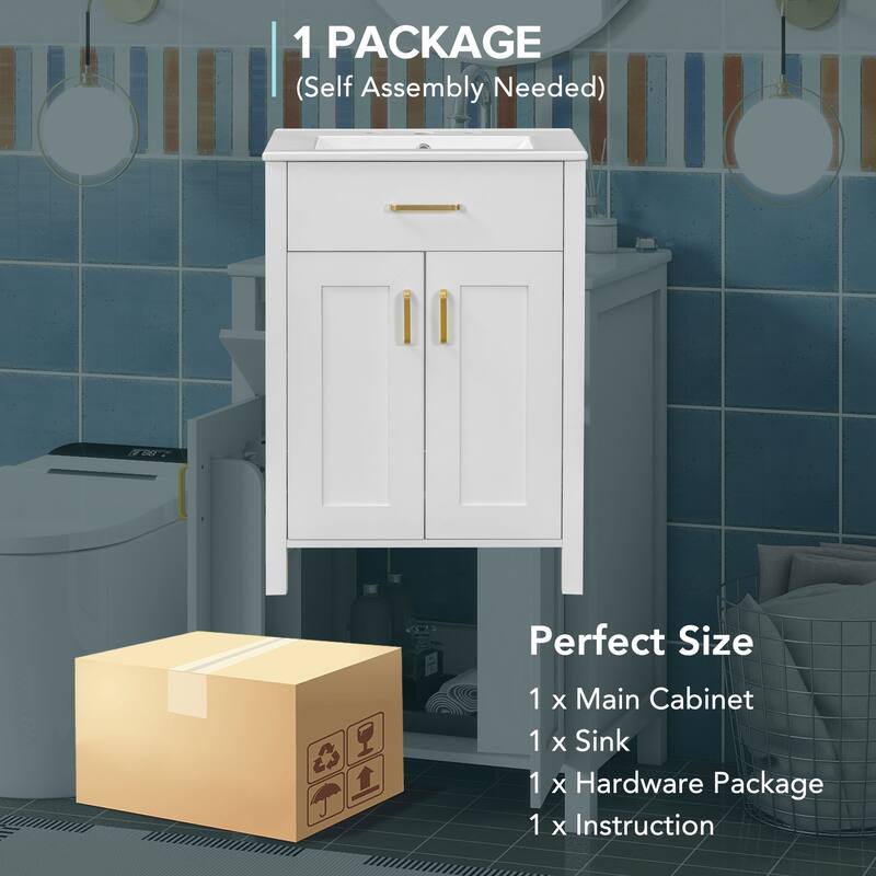 Luxurious 24-Inch Bathroom Vanity with Undermount Ceramic Sink, MDF Cabinet, Golden Handles & Adjustable Shelf