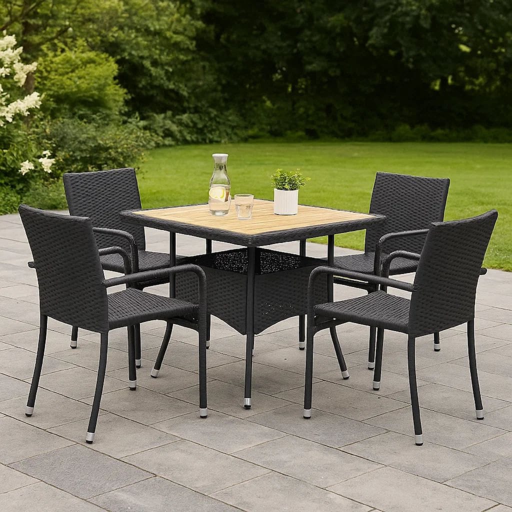 Outdoor Dining Table, 31 Inch Square Acacia Wood Top Black Rattan Base