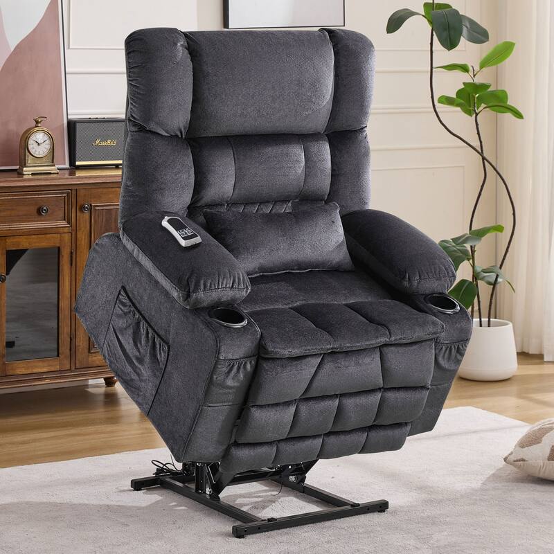 Dual Motor Power Lift Recliner Chair, Lay Flat Lift Chair w/Heat and Massage & Cup Holders, Extra Wide Recliner for Big People