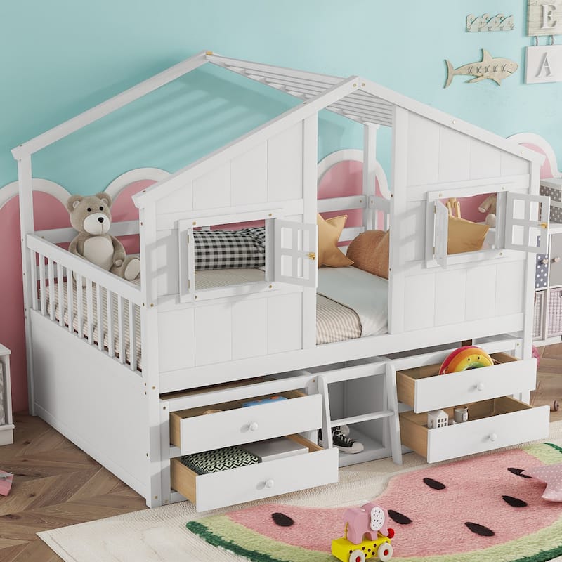 Wood Full Size House Loft Bed with Roof, Windows,4 Storage Drawers