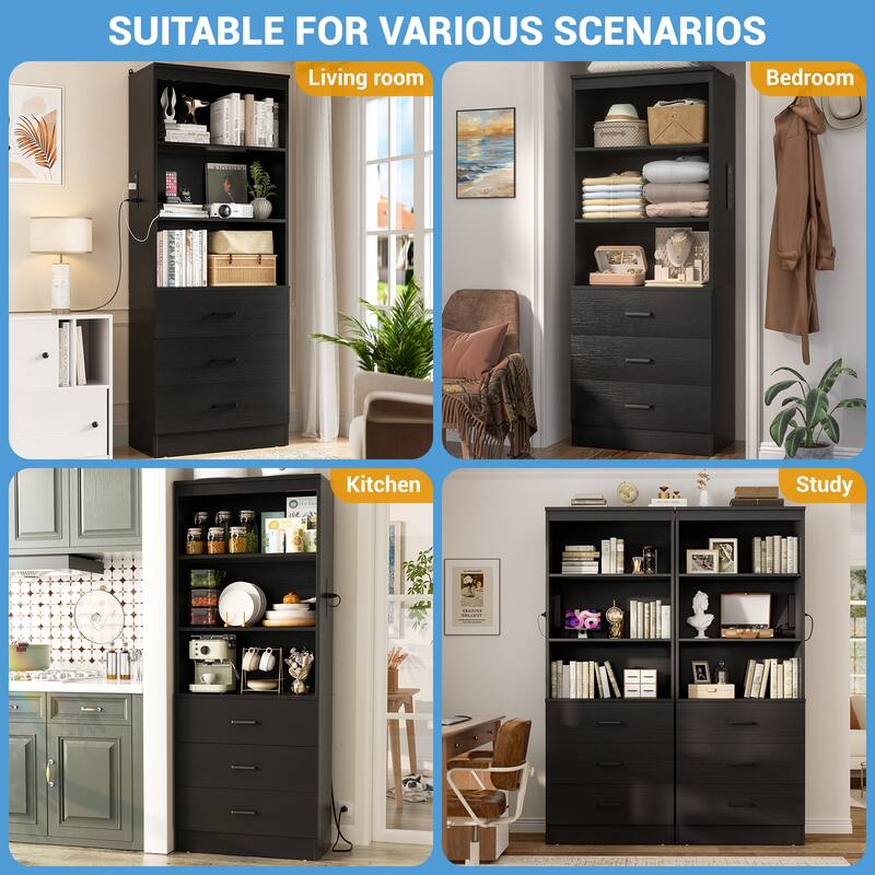 Tall Buffet Sideboard with Charging Station, Storage Pantry Organizer with Drawers and Shelves