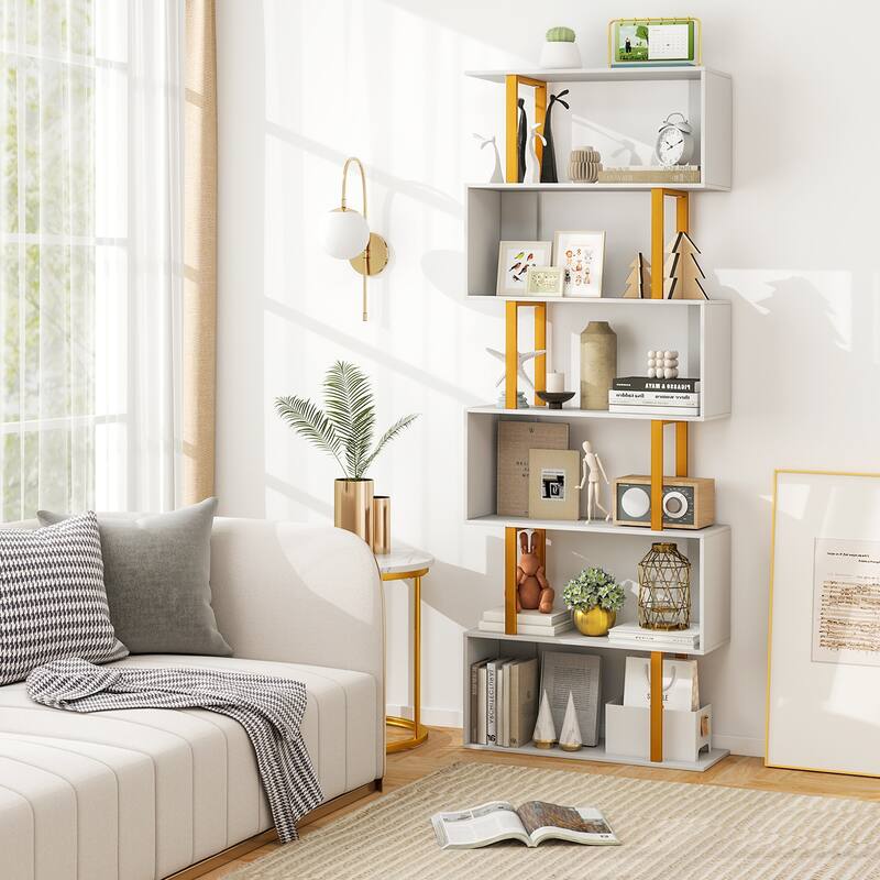 Gymax 2 PCS 6-Tier Geometric Bookcase 74.5-Inch S-Shaped Bookshelf w/