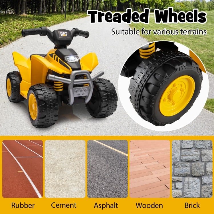 Caterpillar Licensed Yellow Ride-On for Toddlers, 6V Battery Powered Quad with LED Headlight - 15" x 25" x 17"