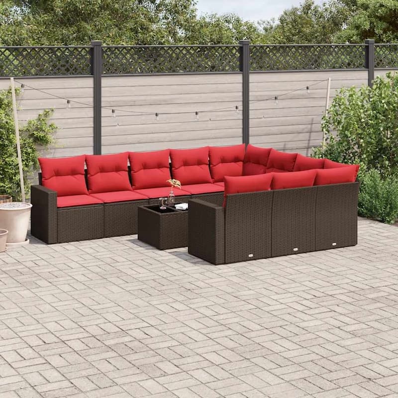 vidaXL 11 Piece Patio Sofa Set with Cushions Poly Rattan (US only) - Brown - 24.4x33.5x24.4