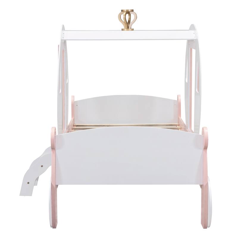 Twin Size Princess Carriage Bed with Crown and Wheels, Solid Wood Car Shaped Bed Frame with Stair