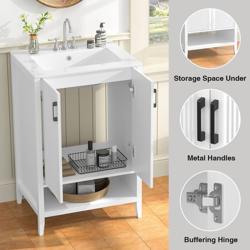 24" Freestanding Bathroom Vanity with Ceramic Sink, 2-Door Storage - White