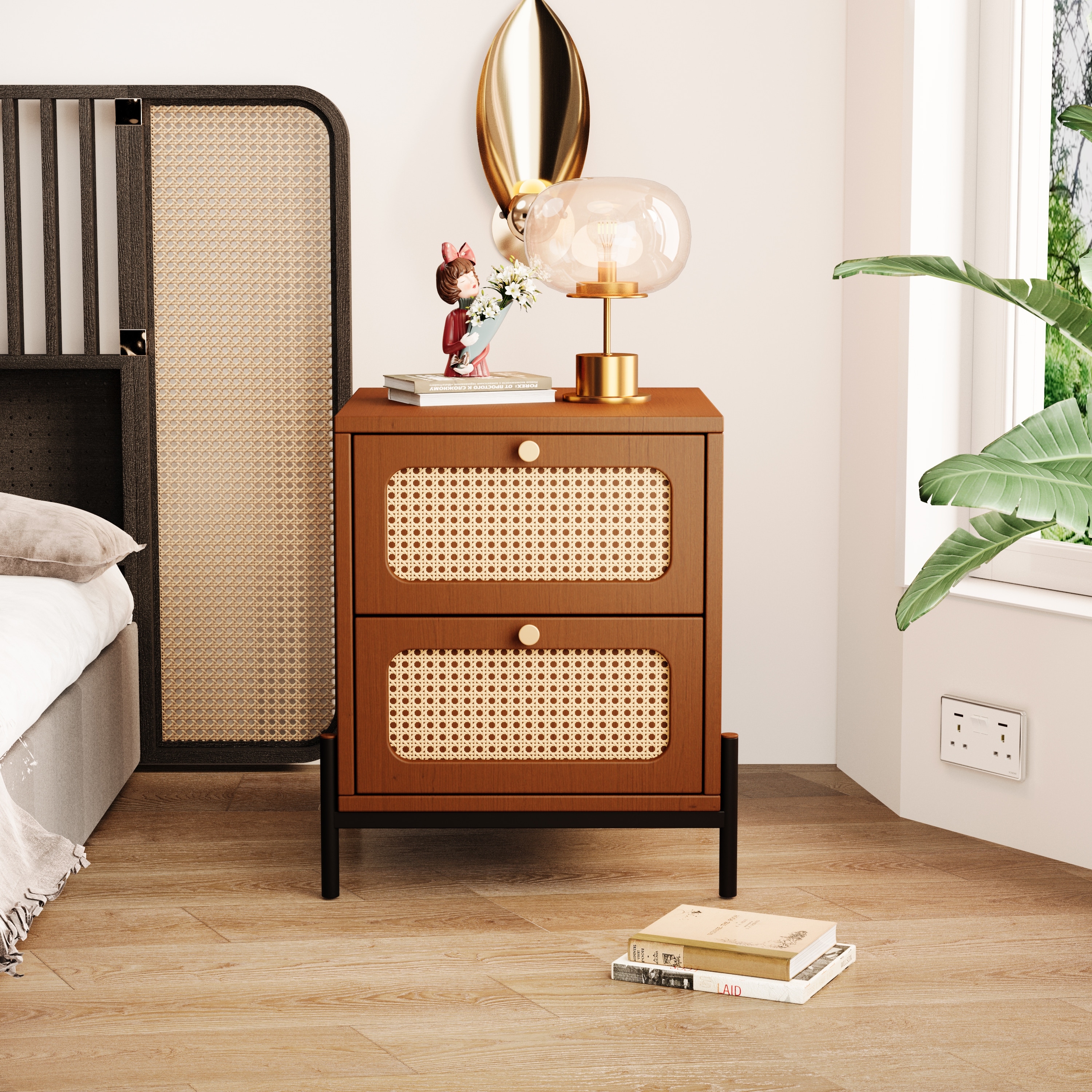 Rattan wood nightstand hotsell