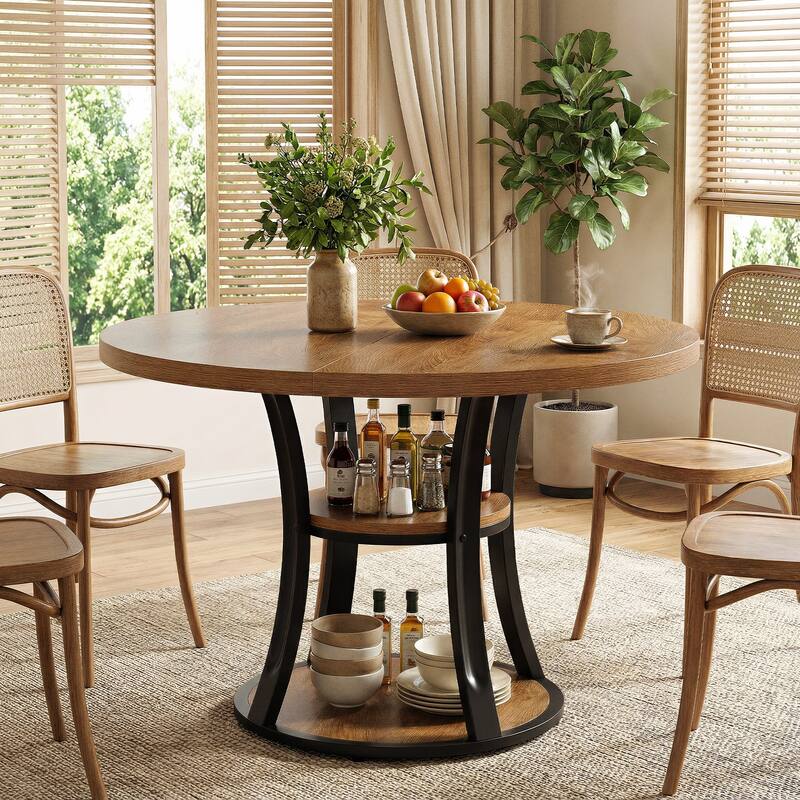 39 Inch Round Pedestal Dining Table with 2-Tier Storage Shelf - 39.37" D x 39.37" W x 29.53" H