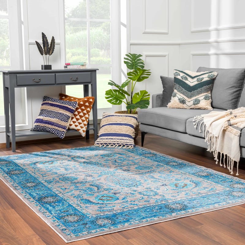 Hauteloom Mardin Oriental Persian Traditional Area Rug - 5'3" x 7'3" - Grey, Beige, Navy, Turquoise, Light Blue
