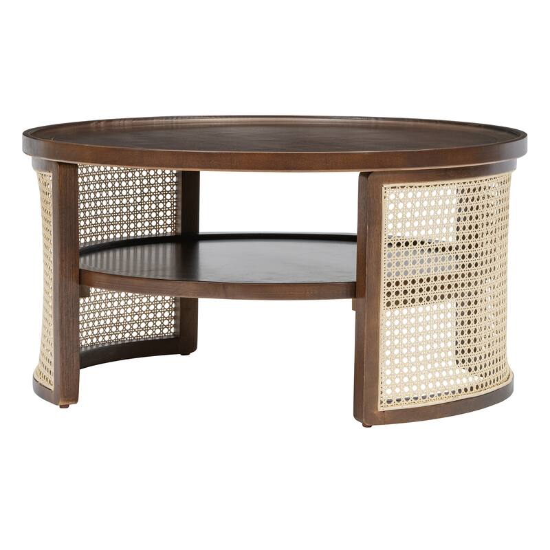 2-Tiered Round Wood Coffee Table with Storage Rattan Base in 31.3''