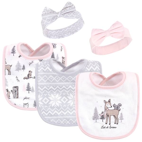 slide 1 of 1, Hudson Baby Infant Girl Cotton Bib and Headband Set 5pk, Winter Forest, One Size - Winter Forest - One Size One Size - Winter Forest