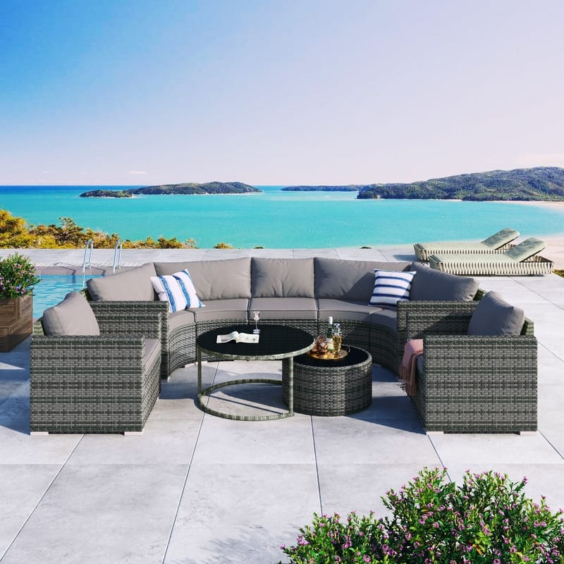 9-Piece Outdoor Half-Moon Patio Sofa Set, Wicker Sectional Sofa with Nesting Coffee Table, Rattan Conversation Set