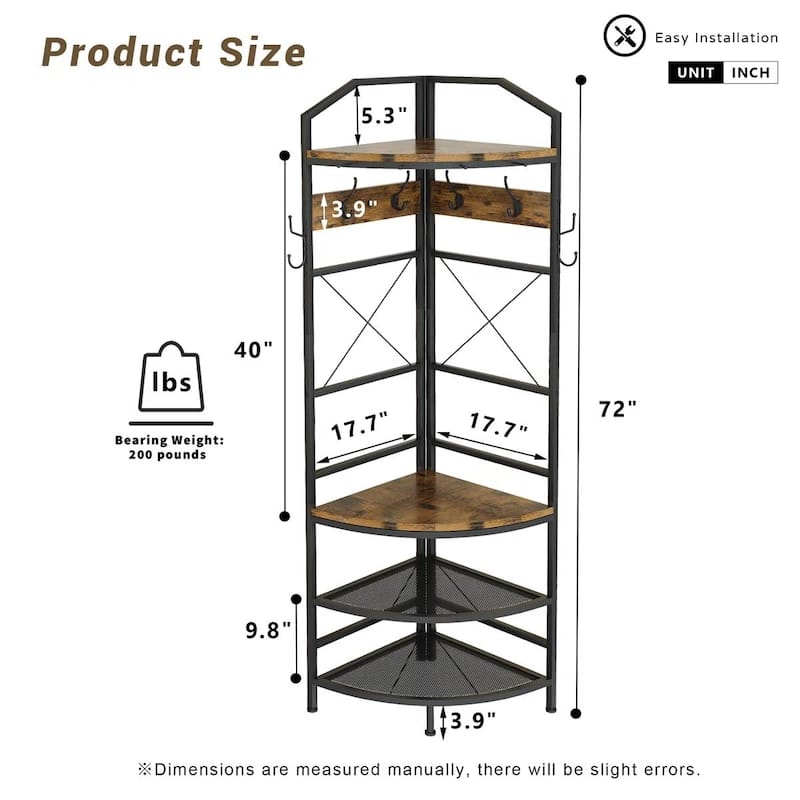 Industrial Metal and Wood Corner Hall Tree with Shoe Storage Bench Hooks and Shelves Rustic Brown - 72'' H X 17.7'' W X 17.7'' D