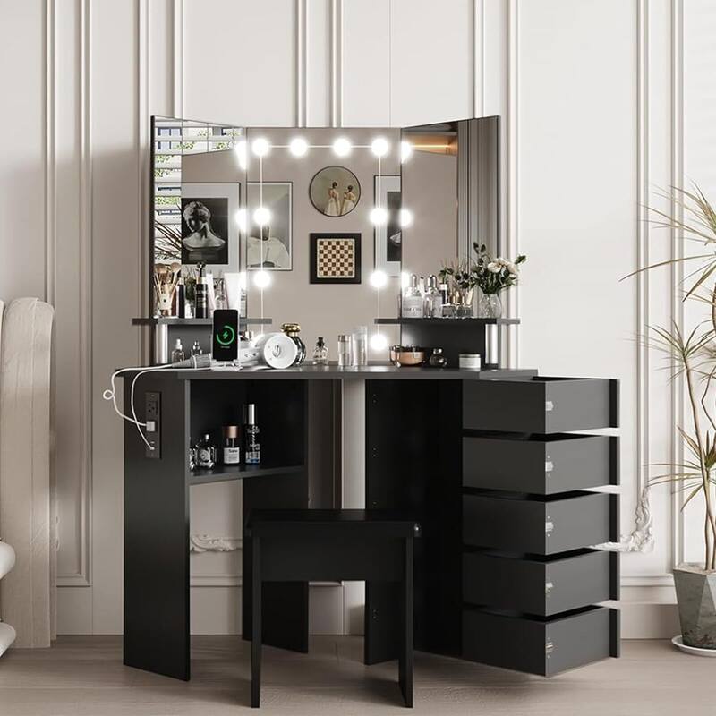 Makeup Vanity Desk with Lights & Power Outlet - Black