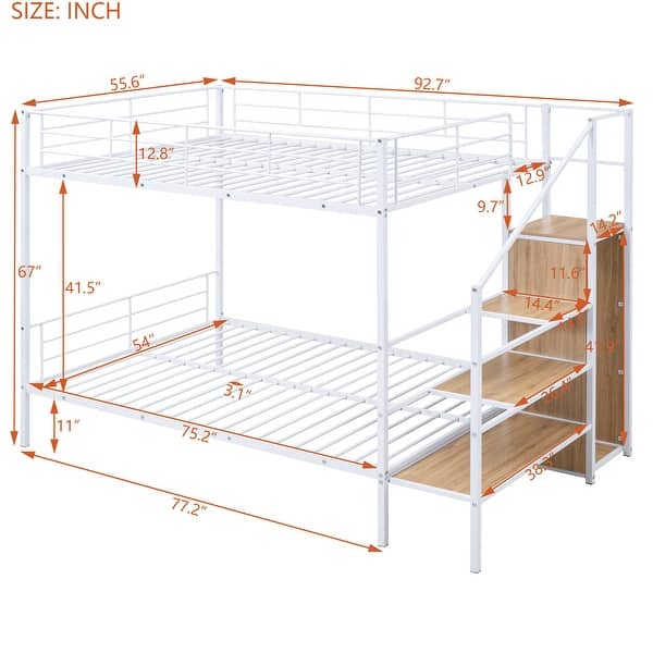 dimension image slide 2 of 4, Metal Bunk Bed with Guardrail, Kids Bed Frame with Lateral Storage Ladder and Wardrobe