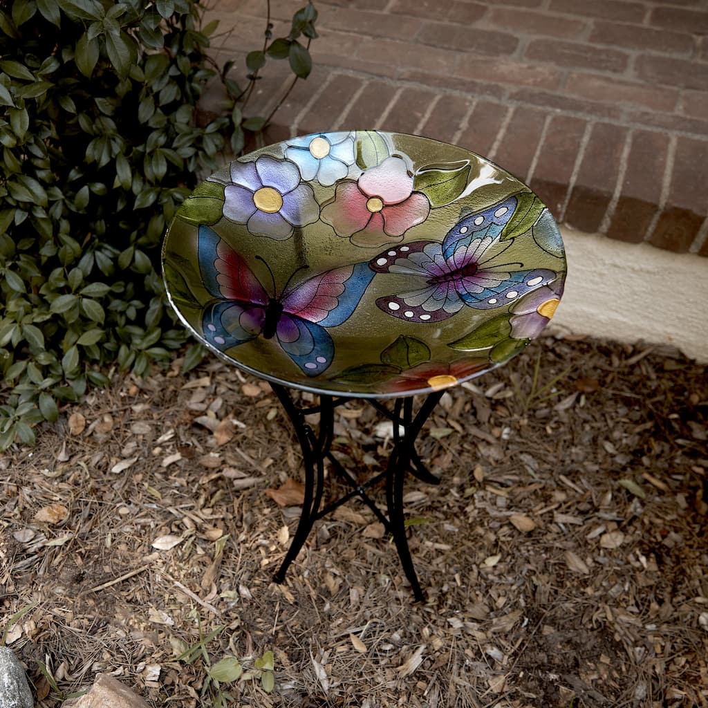 Alpine Corporation 18" Round Outdoor Birdbath Bowl Topper with Painted Purple Butterfly and Floral Design