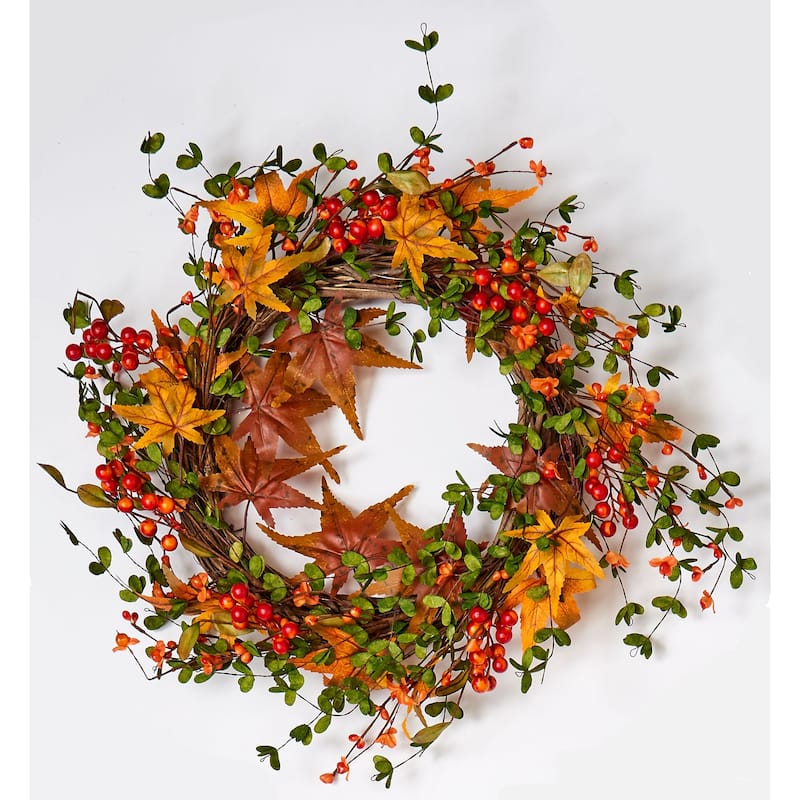 22" Fall Berry & Maple Leaf Wreath on Natural Twig Base