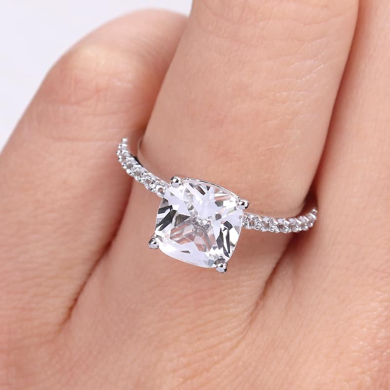 Miadora Cushion-cut Created White Sapphire Engagement Ring in 10k White Gold