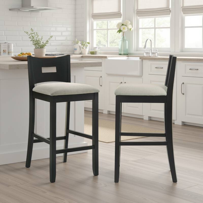 Ren Rubberword Bar Stool, Ivory Upholstered Counter Height Stool - Set of 2 - Fog/Matte Black - Counter Height