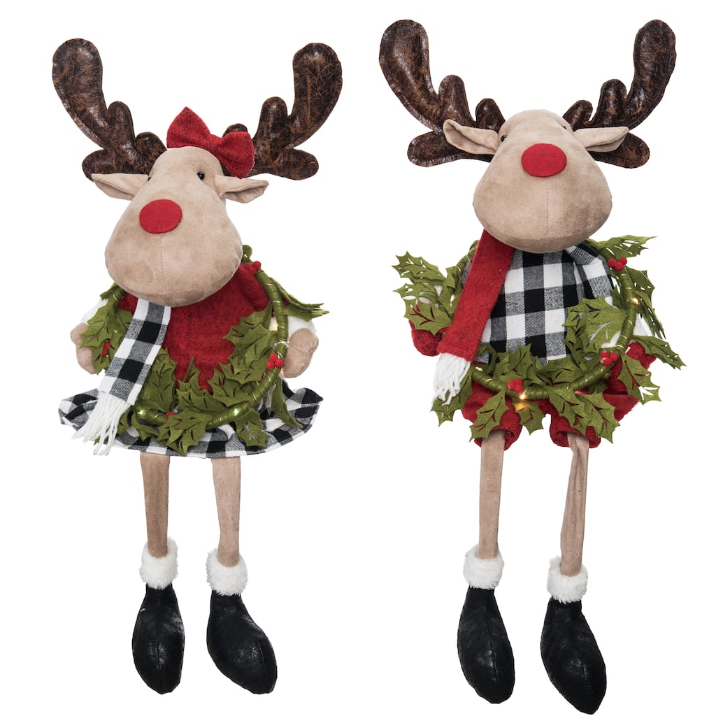 Transpac Plush Light Up Buffalo Check Moose Shelf Set of 2 Christmas Home Decorations