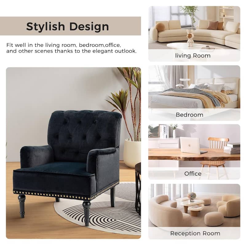Geltrude Transitional Upholstered Button Tufted Club Chair with turned wooden Legs by HULALA HOME