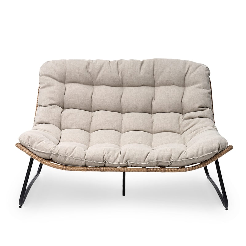 Double Papasan Chair Loveseat Oversized PE Rattan Chair with Cushion - Beige