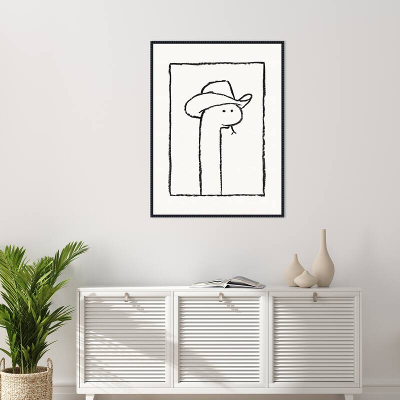 Squiggles the Snake In a Stetson by Anyone Can Yeehaw Framed Canvas Wall Art Print - Sylvie Beaded Black