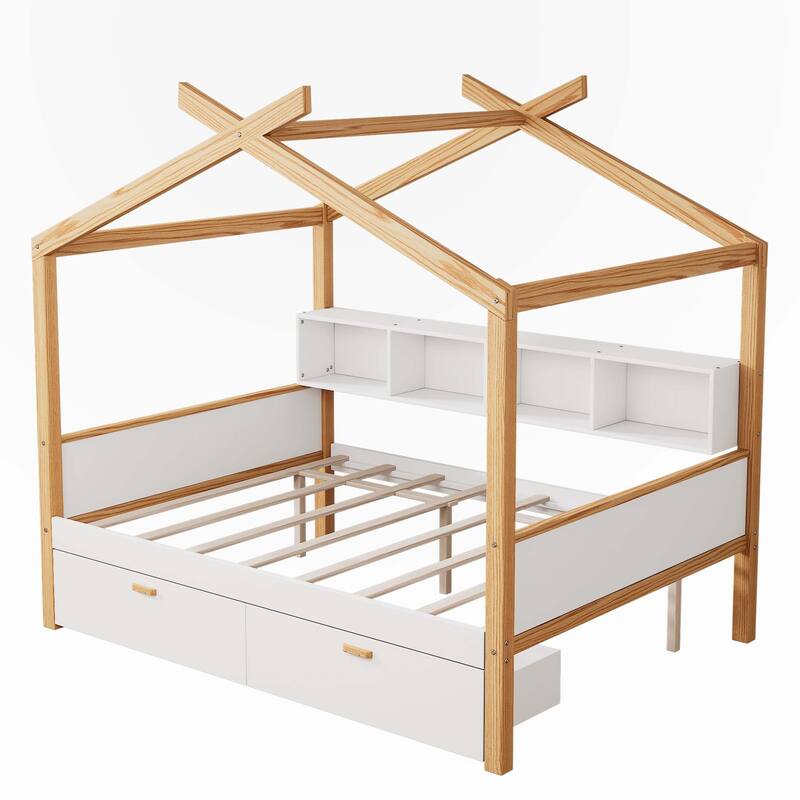 White Full Size Wooden House Bed with Two Drawers and Bookshelf