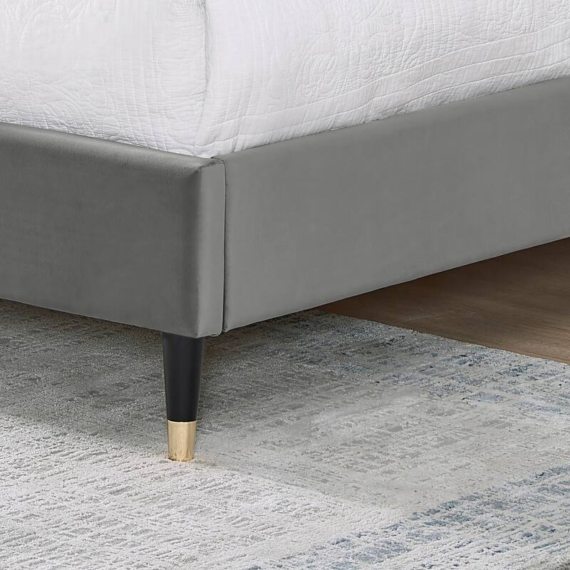 Luxury Gray Velvet Wingback Platform Bed with Cone Legs, King Size