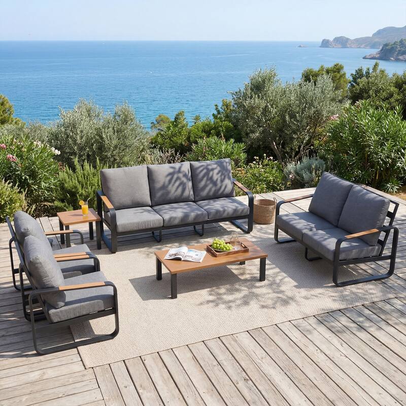 Outdoor Patio Conversation Sofa Set with Cushions - 6-PCS Sofa Set - Dark Gray