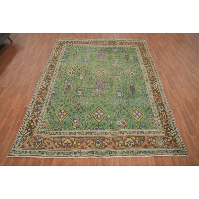 Hand Knotted Oriental 100% Wool Carpet Traditional Floral Green Tabriz Area Rug - 11' 0'' X 8' 6''