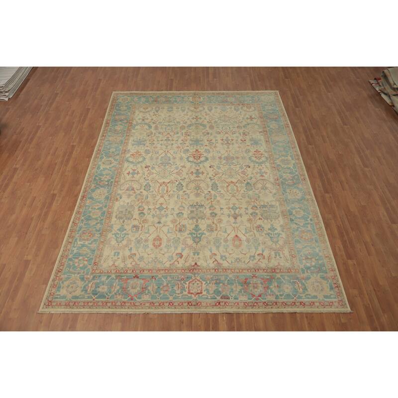 Hand Knotted Traditional Wool Beige Geometric Area Rug - 13' 5'' X 9' 9''