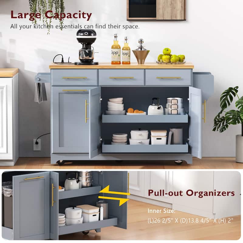 59.3" Rolling Kitchen Island with Storage and Pull-Out Organizers Rubber Wood Drop Leaf Rolling Design for Versatile Use