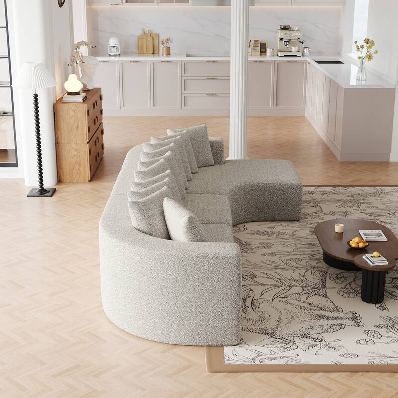 Living Room Chenille Corner Couch Curved Sectional Sofa with Chaise and 10 Pillows, Floor Standing Modular Compressed Sofa