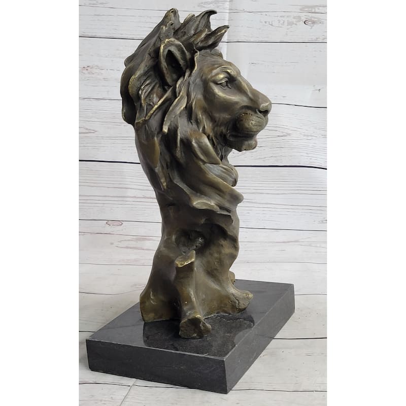 Male Lion Abstract Modern Bust Statue Sculpture Bronze Metal On Marble 12 Inches X 7 Inches