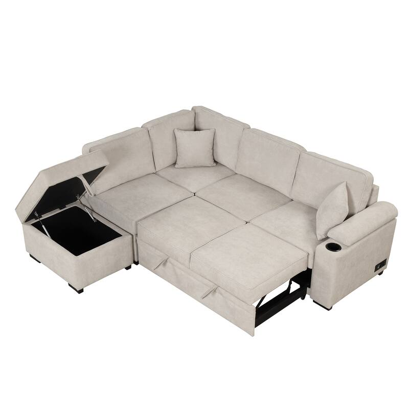 87.4" 2 in 1 Pull Out Sleeper Sofa Bed L Shape Couch with Storage Ottoman